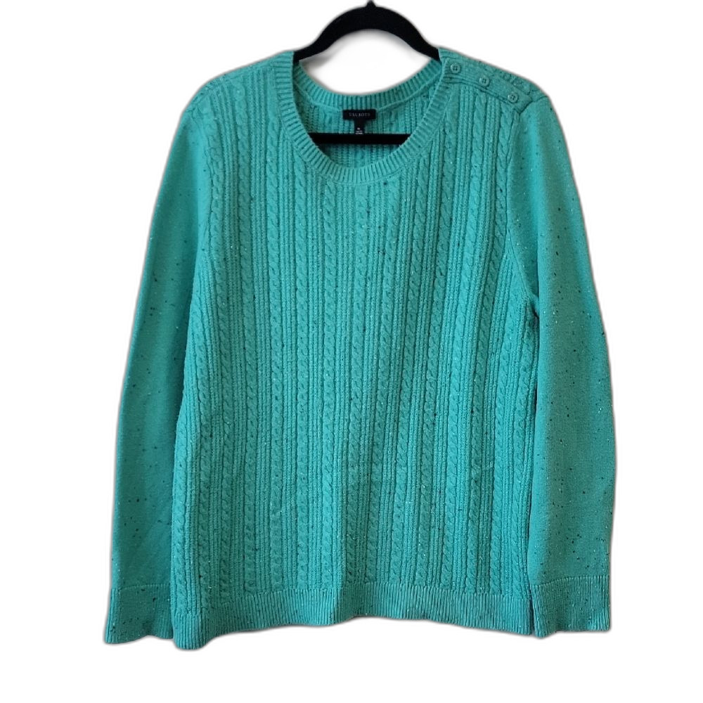Talbots Cable Knit Sweater Teal Green Crewneck Button Shoulder XL